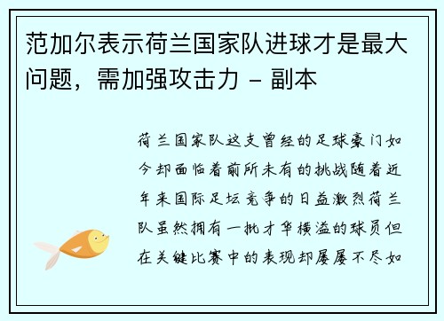 范加尔表示荷兰国家队进球才是最大问题，需加强攻击力 - 副本